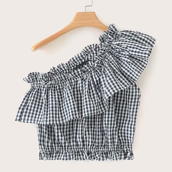 

Gingham Print Ruffle Trim One Shoulder Top