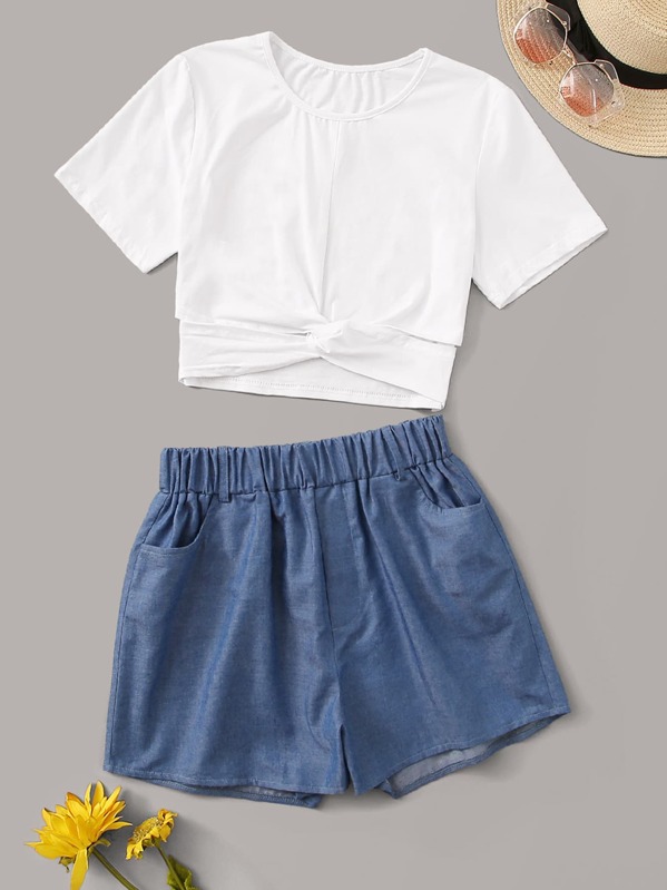 

Twist Front Tee With Denim Shorts, Multicolor