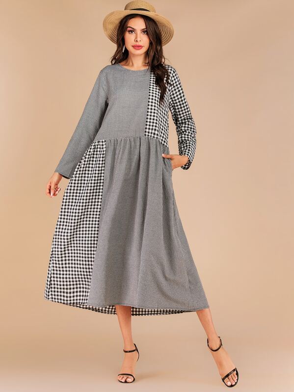 

Gingham Hidden Pocket Longline Dress, Black and white