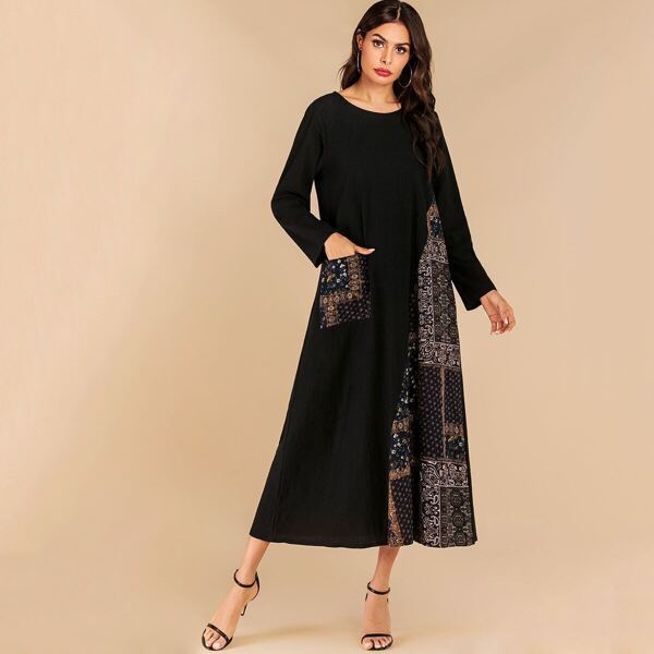 

Graphic Print Contrast Pocket Patched Dress