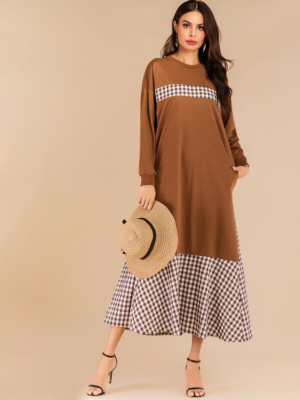 

Gingham Contrast Hidden Pocket Ruffle Hem Dress, Brown
