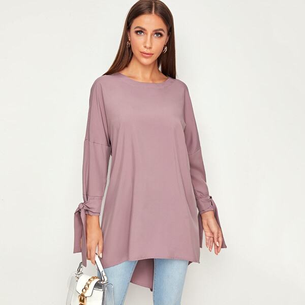

Solid Tie Sleeve Asymmetrical Hem Blouse, Dusty pink