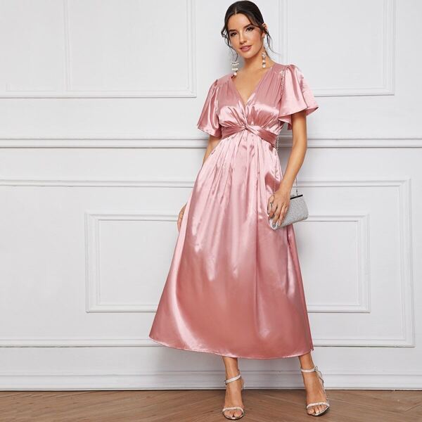 

Satin Twist Front Butterfly Sleeve Dress, Pink