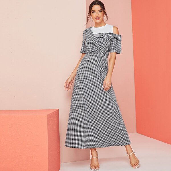 

Gingham Contrast One Cold Shoulder Dress, Multicolor
