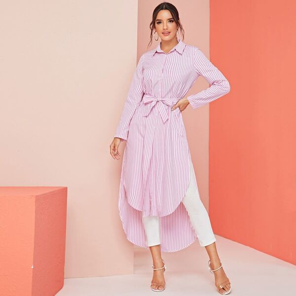 

Striped Curved Hem Belted Slit Side Shirt Dress