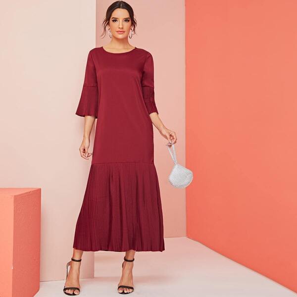 

Solid Pleated Hem Flounce Sleeve Dress, Red