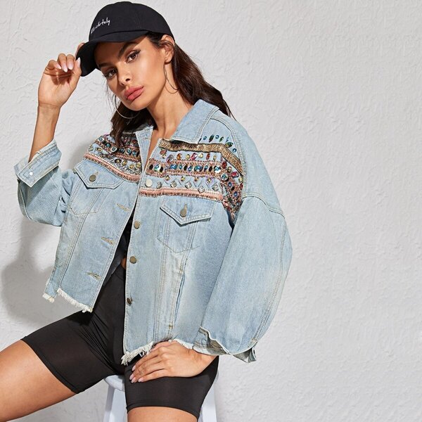 

Raw Hem Rhinestone Detail Denim Jacket, Blue