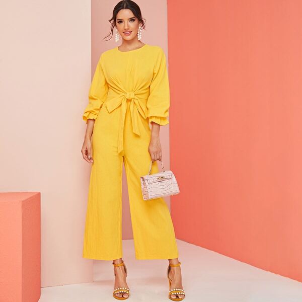 

Solid Knot Front Wide Leg Jumpsuit