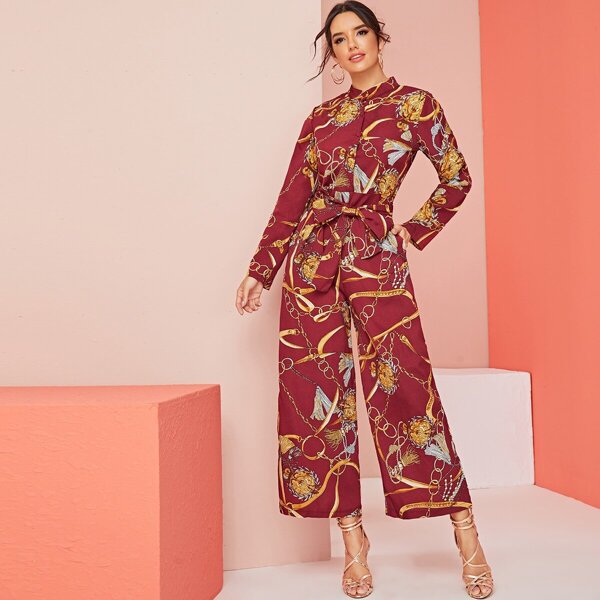 

Chain Print Belted Wide Leg Jumpsuit