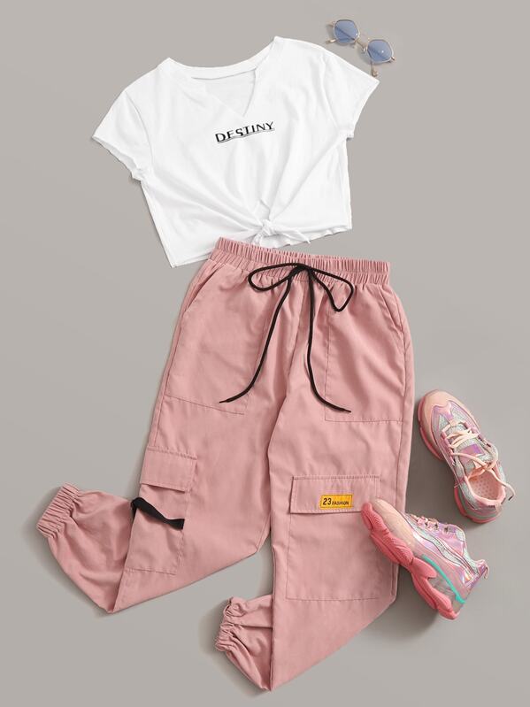 

Letter Graphic Knot Front Tee & Cargo Pants Set, Multicolor