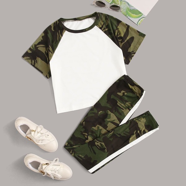 

Camo Print Contrast Tee & Pants Set