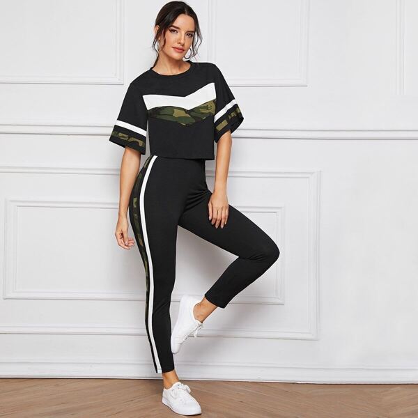 

Camo Print Colorblock Tee & Pants Set, Black
