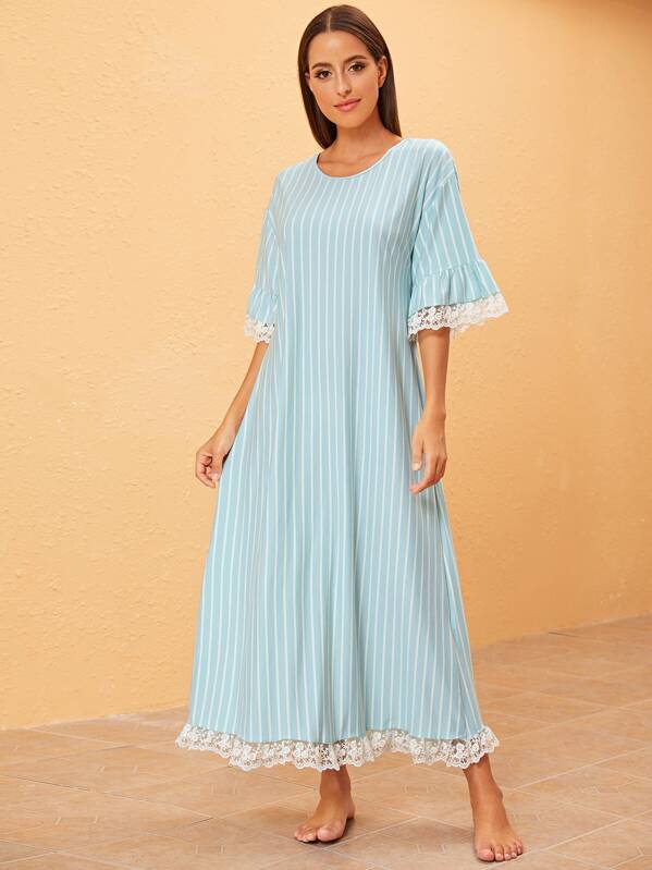 

Drop Shoulder Lace Trim Striped Night Dress, Blue, Mary P.