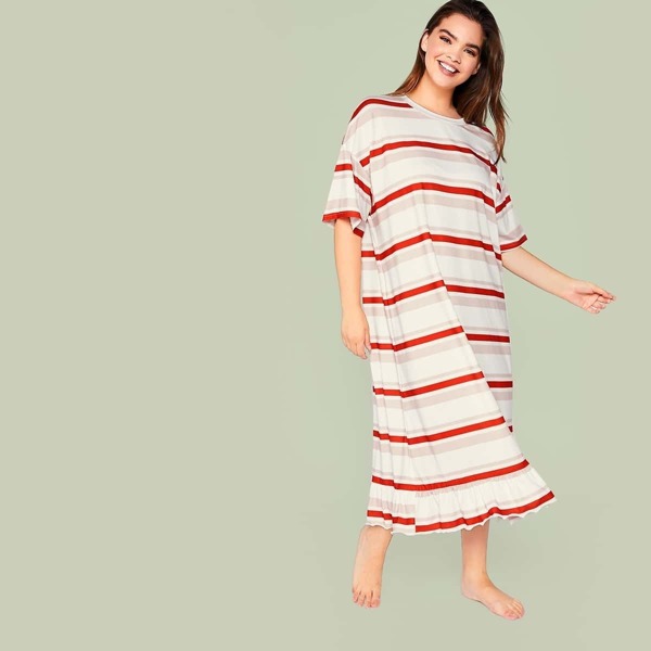 

Plus Striped Drop Shoulder Ruffle Hem Night Dress
