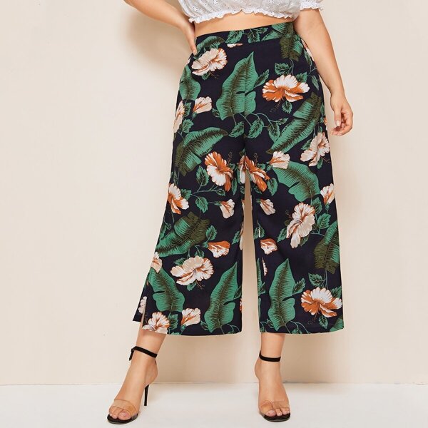 

Plus Tropical Print Slit Hem Wide Leg Pants, Multicolor
