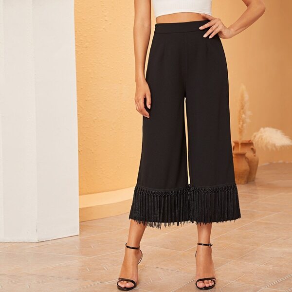 

Fringe Trim Wide Leg Crop Pants, Black