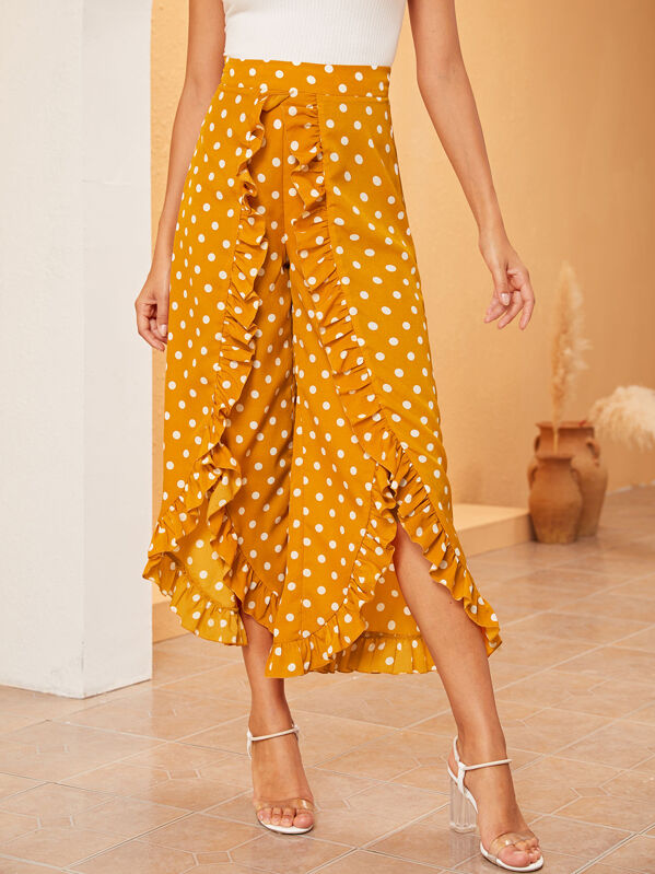 

Polka Dot Ruffle Trim Wide Leg Pants, Yellow, Mary P.