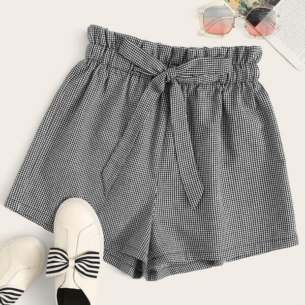 

Plus Paperbag Waist Belted Plaid Shorts, Black and white