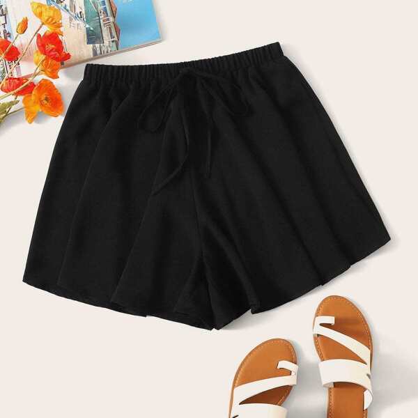 

Elastic Waist Knot Front Flowy Shorts, Black