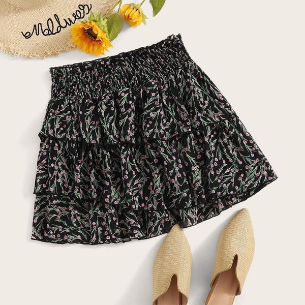 

Shirred Waist Layered Ruffle Trim Skirt, Multicolor