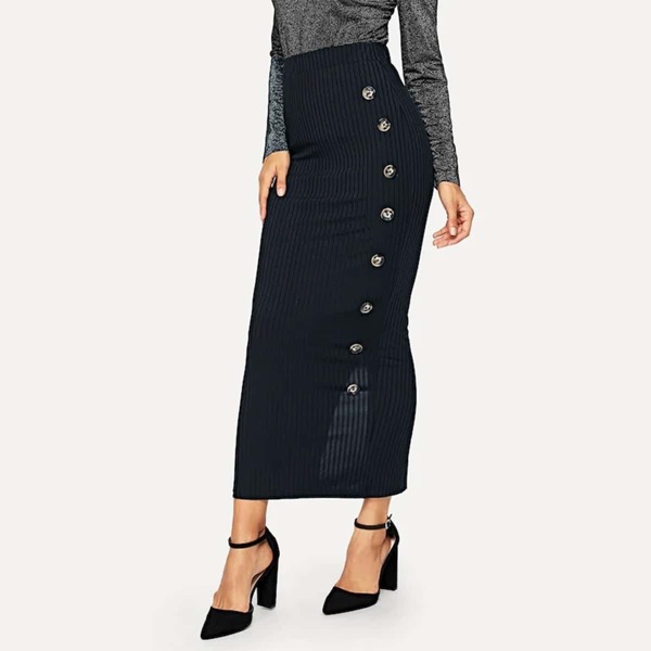 

Button Side Rib-knit Slit Side Skirt