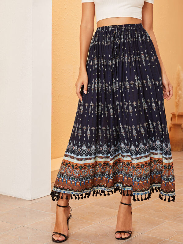 

Приталенная расклешенная юбка с бахромой и графическим принтом, Многоцветный, Mary P.