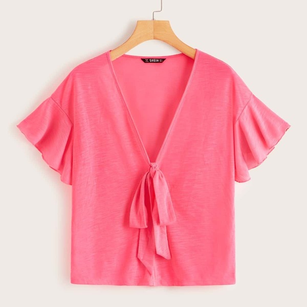 

Neon Pink Tie Front Ruffle Trim Tee