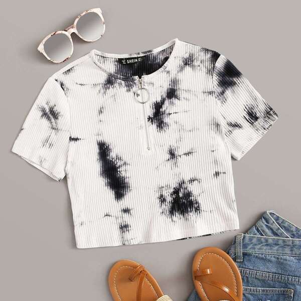 

Tie Dye O-ring Zip Front Rib-knit Tee