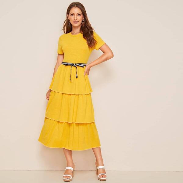 

Belted Layered Hem Dress, Yellow