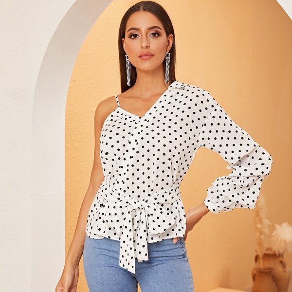 

Asymmetrical Neck Polka Dot Belted Top, White
