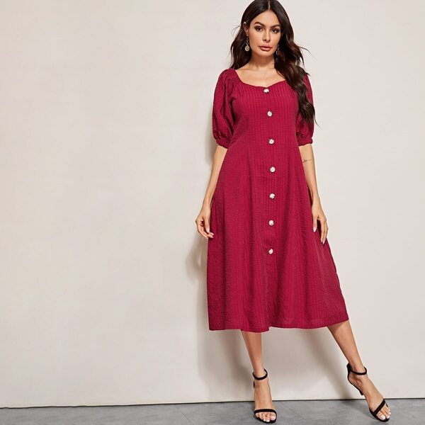 

Striped Button Front Lantern Sleeve Dress, Burgundy