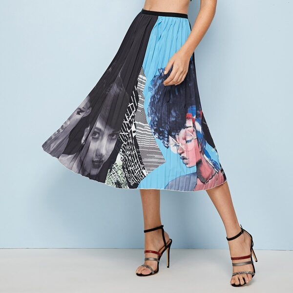 

Figure Print Colorblock Pleated Skirt, Multicolor