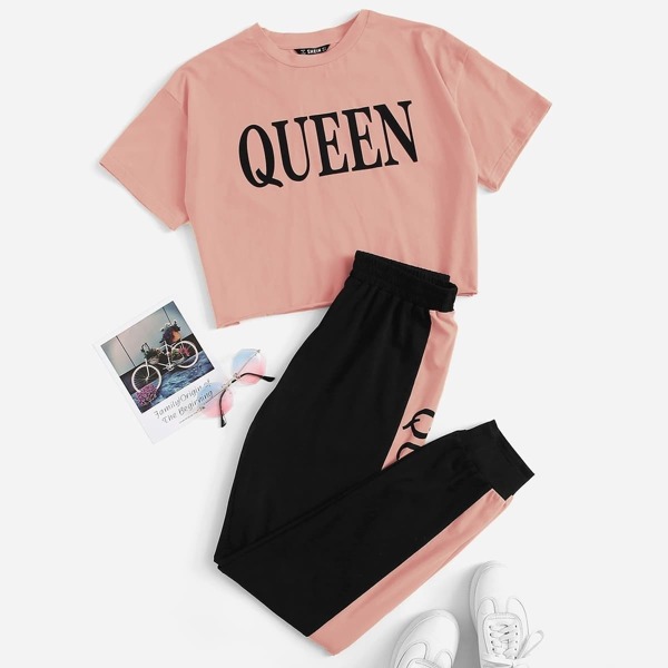 

Plus Letter Print Top & Contrast Panel Sweatpants Set
