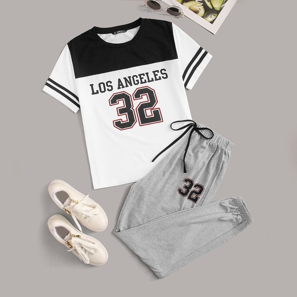 

Mixed Print Tee and Heather Grey Sweatpants Set, Multicolor