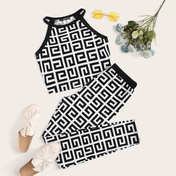 

Greek Fret Print Halter Top & Leggings Set