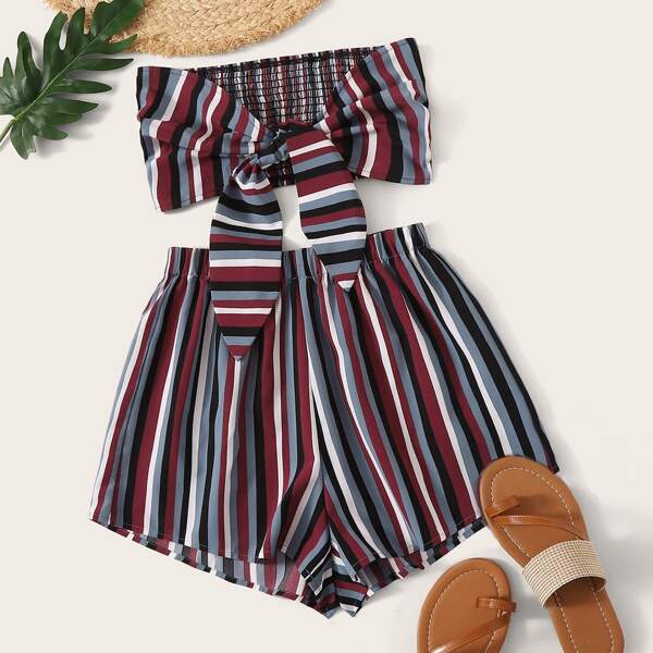 

Tie Front Shirred Back Bandeau Striped Top & Shorts Set