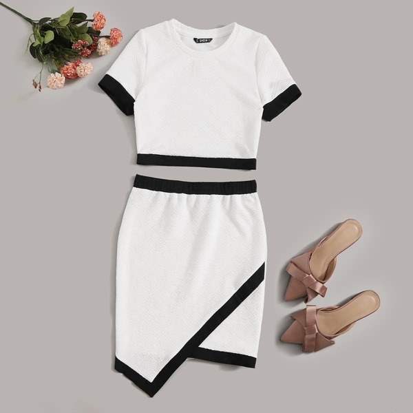 

Contrast Trim Top & Wrap Asymmetrical Hem Skirt Set