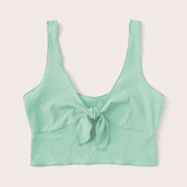 

Knot Front Ribbed Crop Tank Top, Green pastel