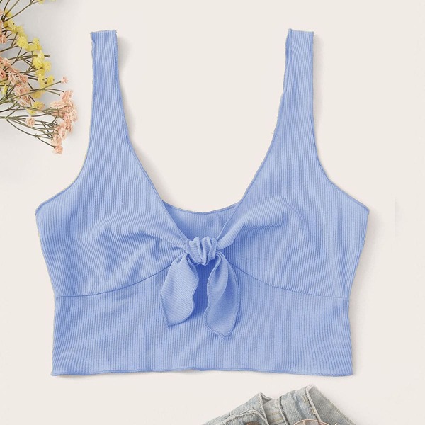 

Knot Front Rib-knit Crop Tank Top