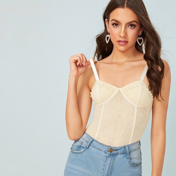 

Pearls Detail Bustier Mesh Cami Top
