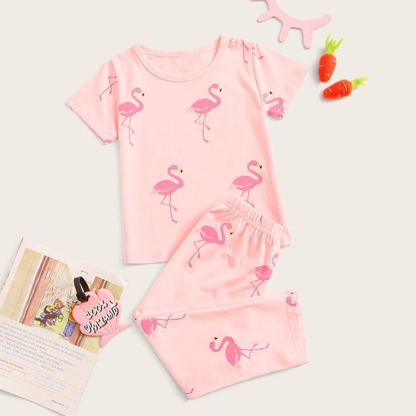 

Toddler Girls Flamingo Print Pajama Set, Pink pastel