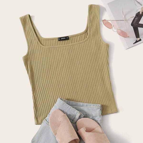 

Solid Rib-knit Fitted Tank Top