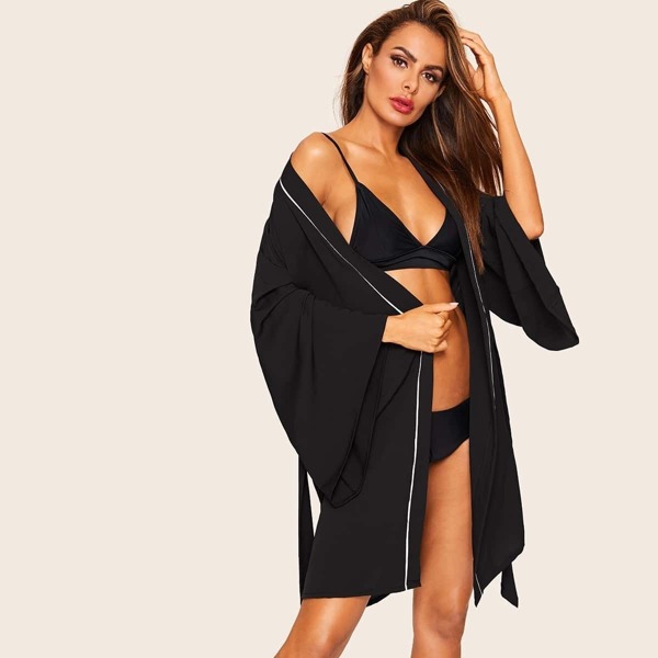 

Contrast Binding Self Belted Robe, Black