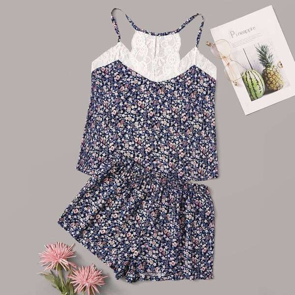 

Ditsy Floral Print Lace Trim Cami PJ Set