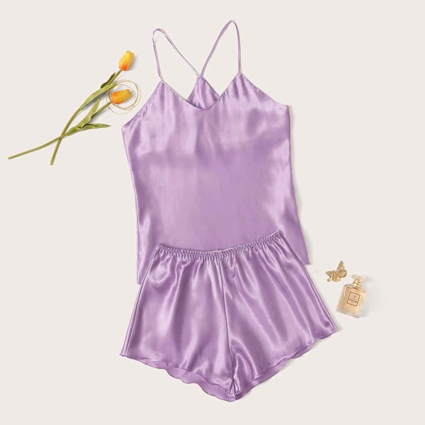 

Satin Cami Top With Shorts PJ Set, Purple