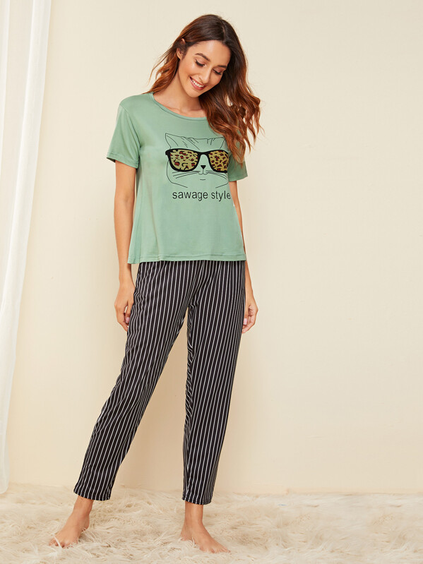 

Cat & Letter Graphic Striped PJ Set, Multicolor, Gabi B