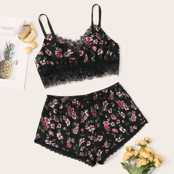 

Floral Print Lace Trim Lingerie Set
