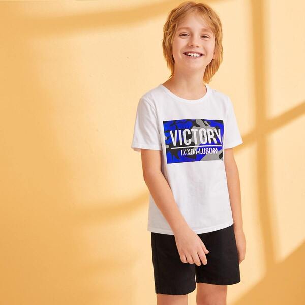 

Boys Mixed Print Tee and Drawstring Waist Shorts Set, Black and white