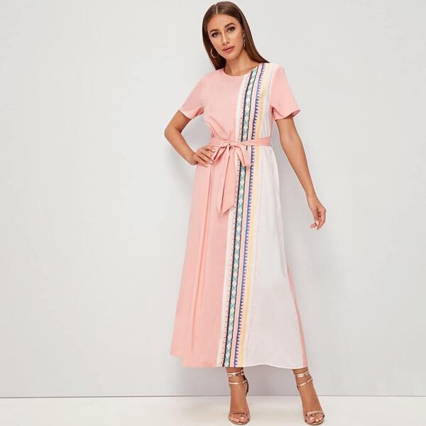 

Cut-and-Sew Tribal Tape Detail Dress With Belt, Pink
