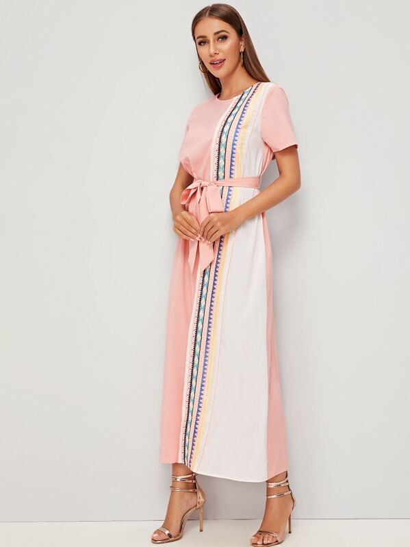 

Cut-and-Sew Tribal Tape Detail Dress With Belt, Pink, Hanna